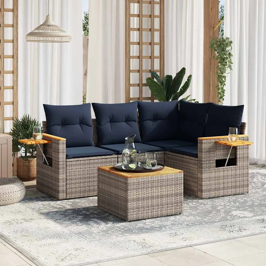 Salon de jardin 5 pcs avec coussins gris résine tressée