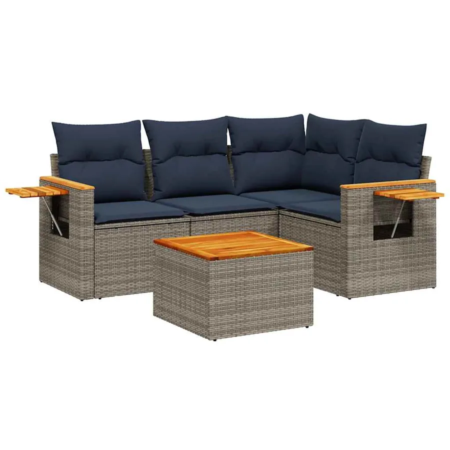 Salon de jardin 5 pcs avec coussins gris résine tressée - 2