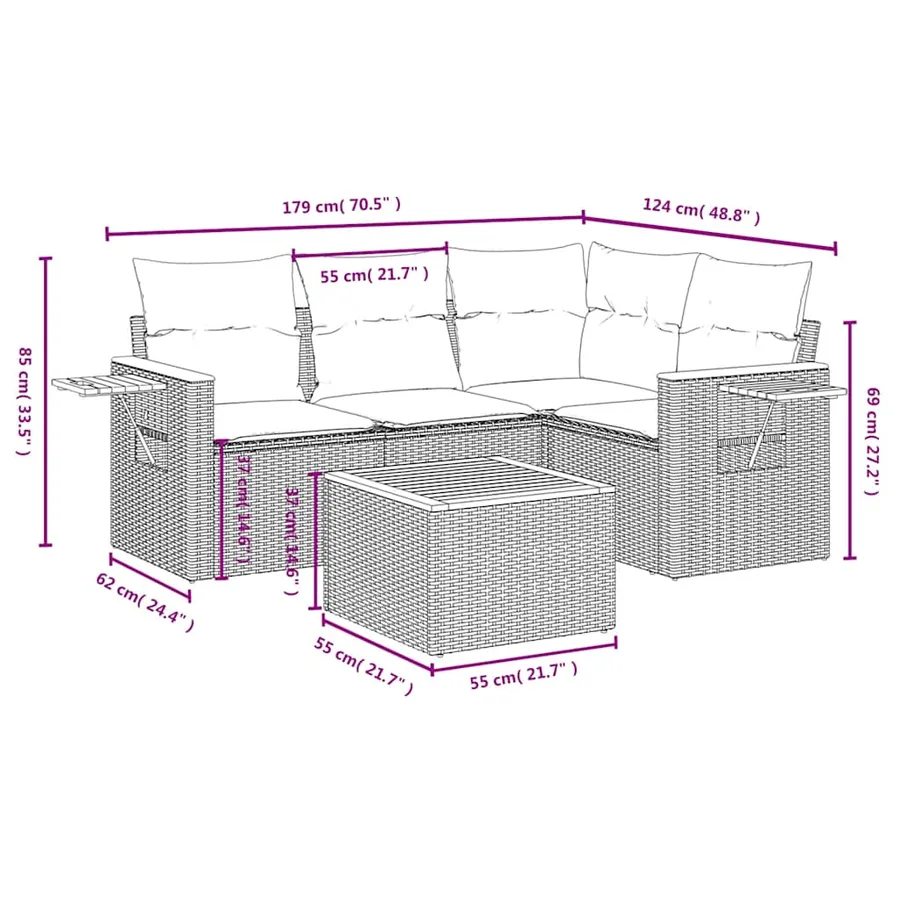 Salon de jardin 5 pcs avec coussins gris résine tressée - 9