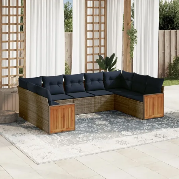 Ensemble de canapé de jardin 9 pcs avec coussins gris résine tressée