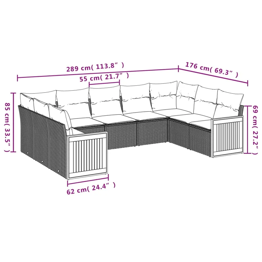 Ensemble de canapé de jardin 9 pcs avec coussins gris résine tressée - 7