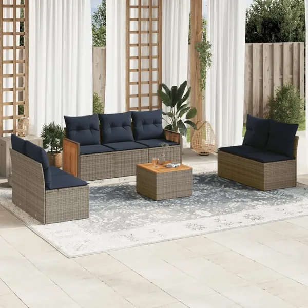 Ensemble de canapé de jardin 8 pcs avec coussins gris résine tressée