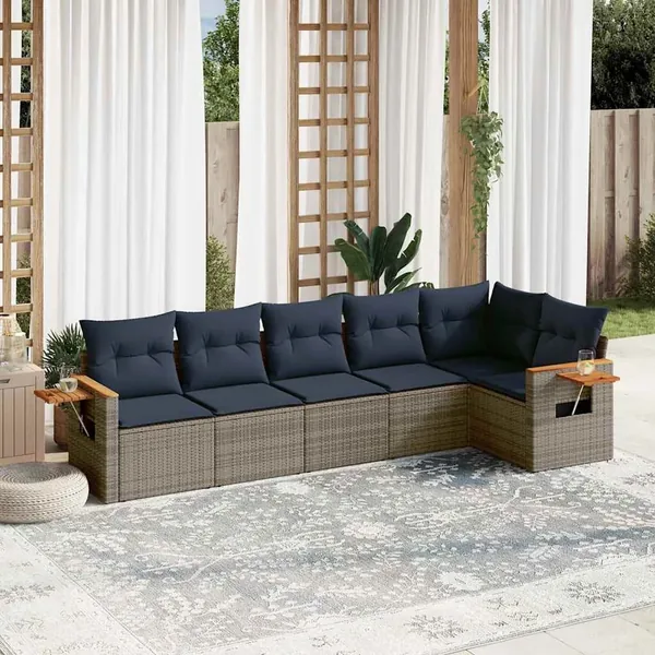 Salon de jardin 6 pcs avec coussins gris résine tressée