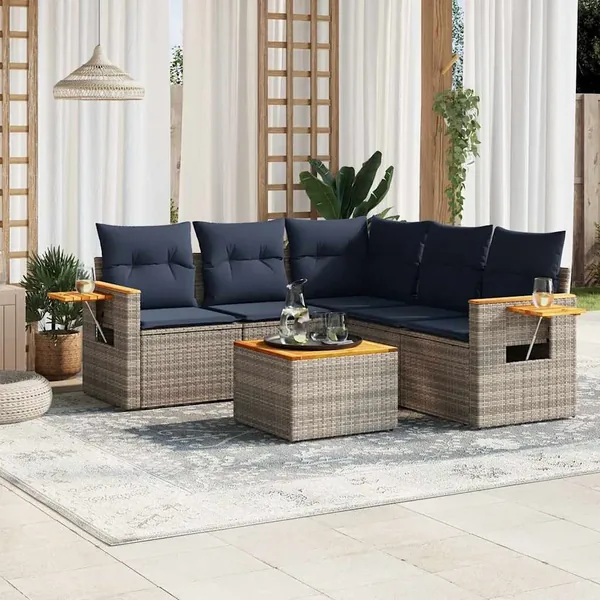 Salon de jardin 6 pcs avec coussins gris résine tressée