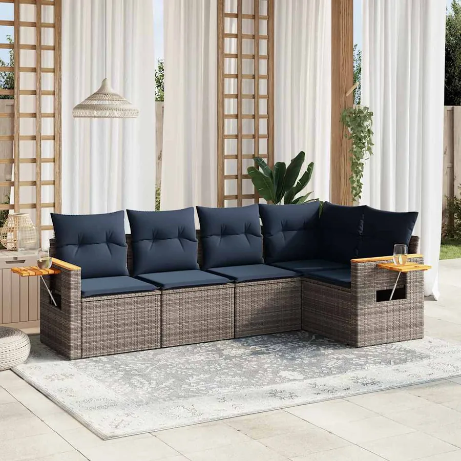 Salon de jardin 5 pcs avec coussins gris résine tressée