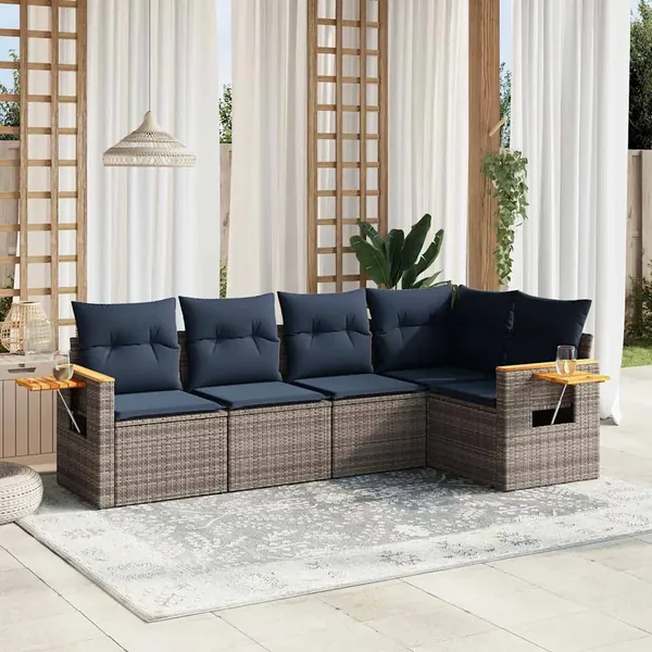 Salon de jardin 5 pcs avec coussins gris résine tressée