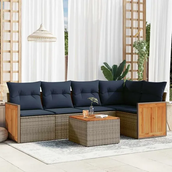 Ensemble de canapé de jardin 6 pcs avec coussins gris résine tressée