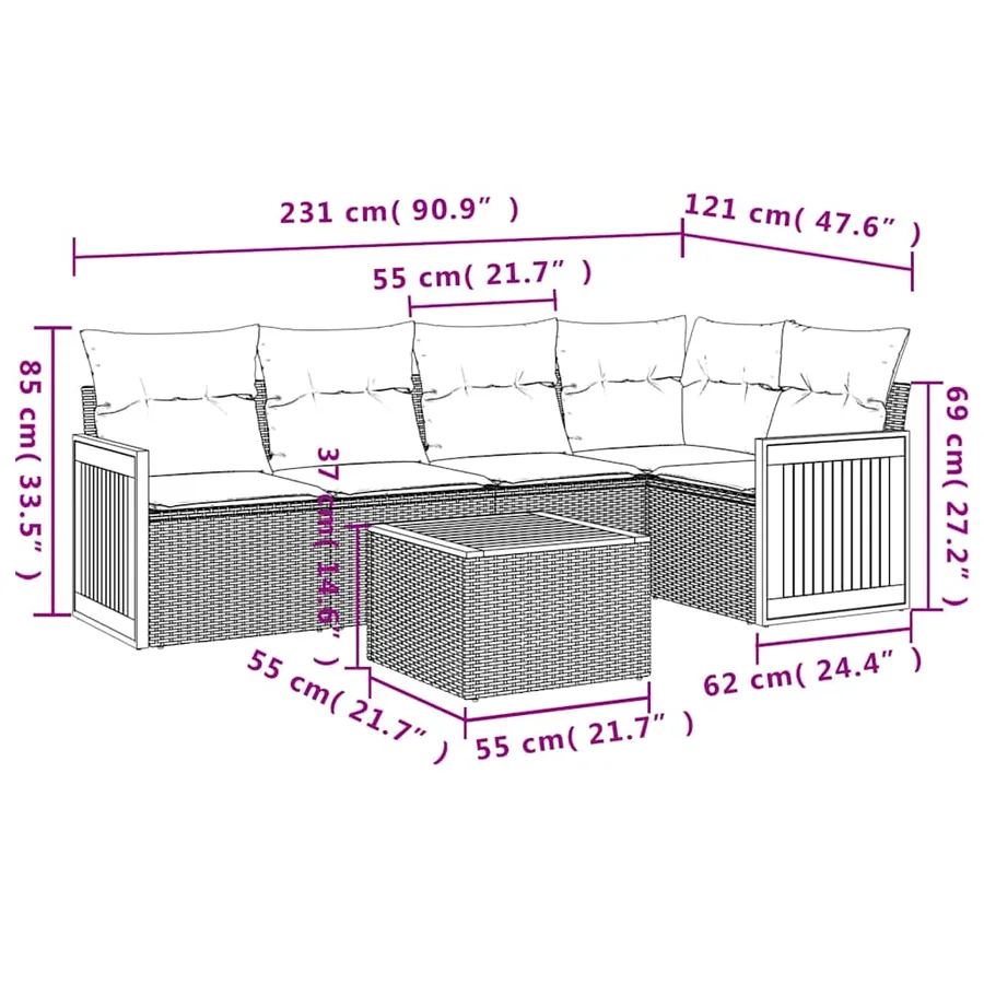 Ensemble de canapé de jardin 6 pcs avec coussins gris résine tressée - 8