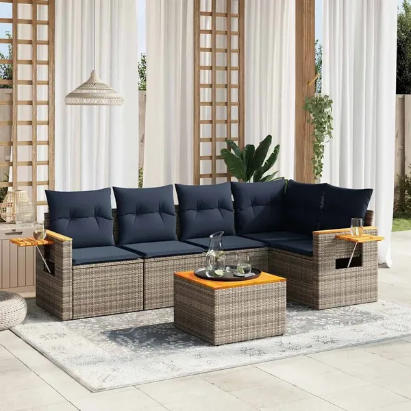 Salon de jardin 6 pcs avec coussins gris résine tressée