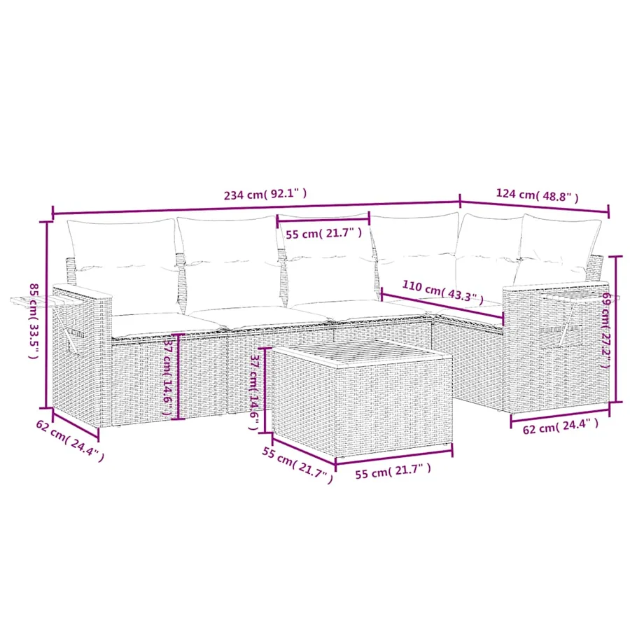 Salon de jardin 6 pcs avec coussins gris résine tressée - 9