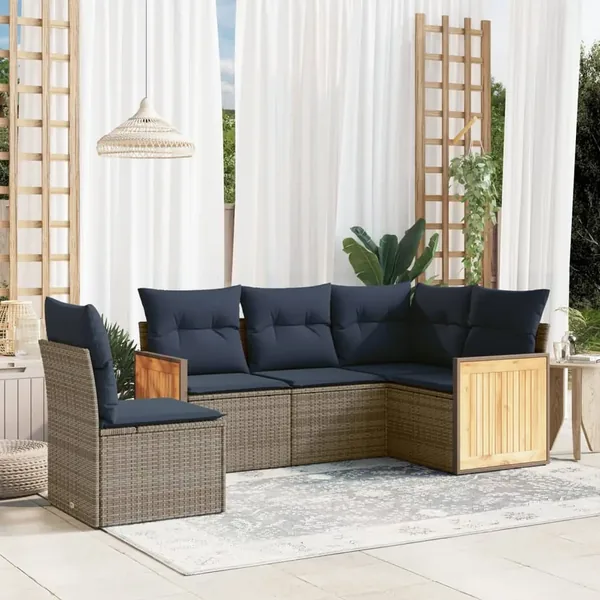 Ensemble de canapé de jardin 5 pcs avec coussins gris résine tressée