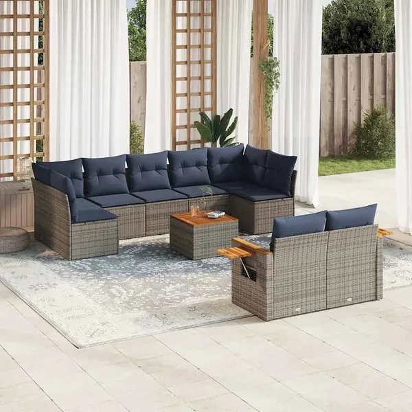 Salon de jardin 10 pcs avec coussins gris résine tressée