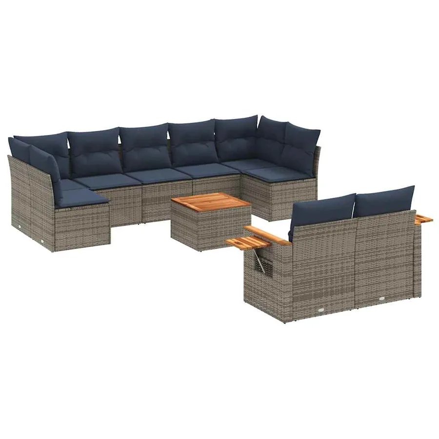 Salon de jardin 10 pcs avec coussins gris résine tressée - 2