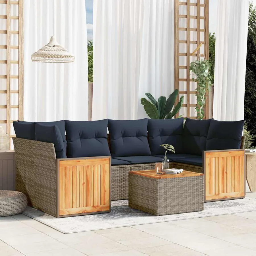 Ensemble de canapé de jardin 7 pcs avec coussins gris résine tressée