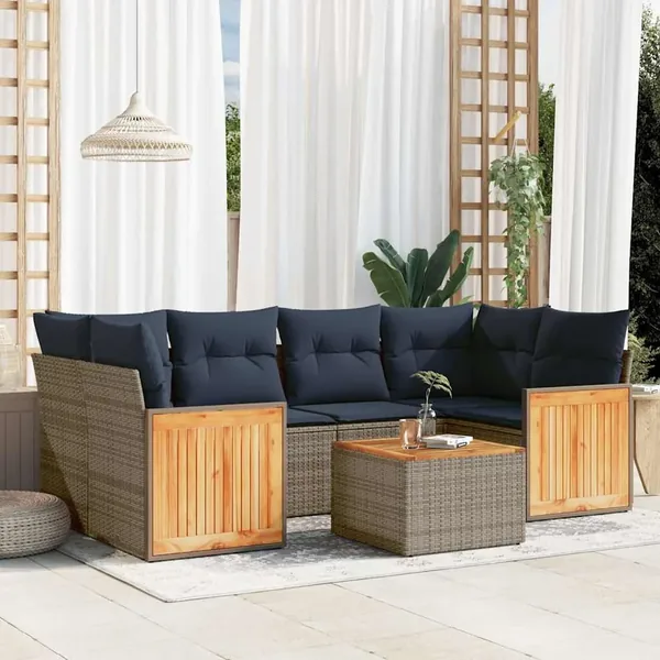 Ensemble de canapé de jardin 7 pcs avec coussins gris résine tressée