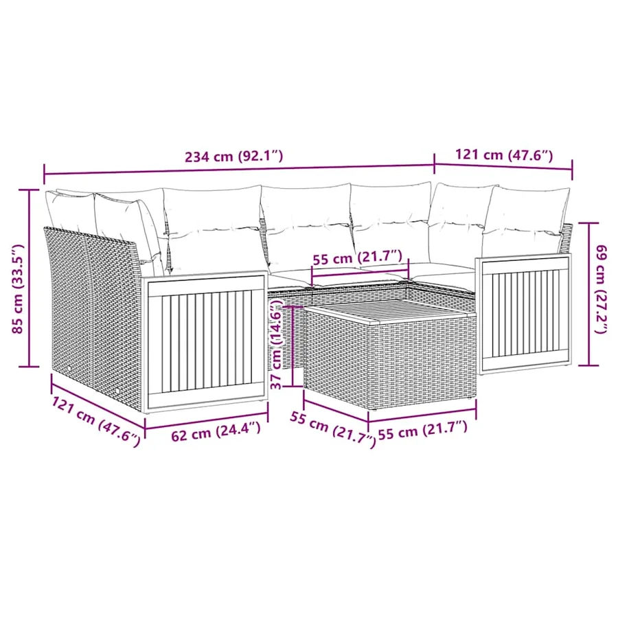 Ensemble de canapé de jardin 7 pcs avec coussins gris résine tressée - 8