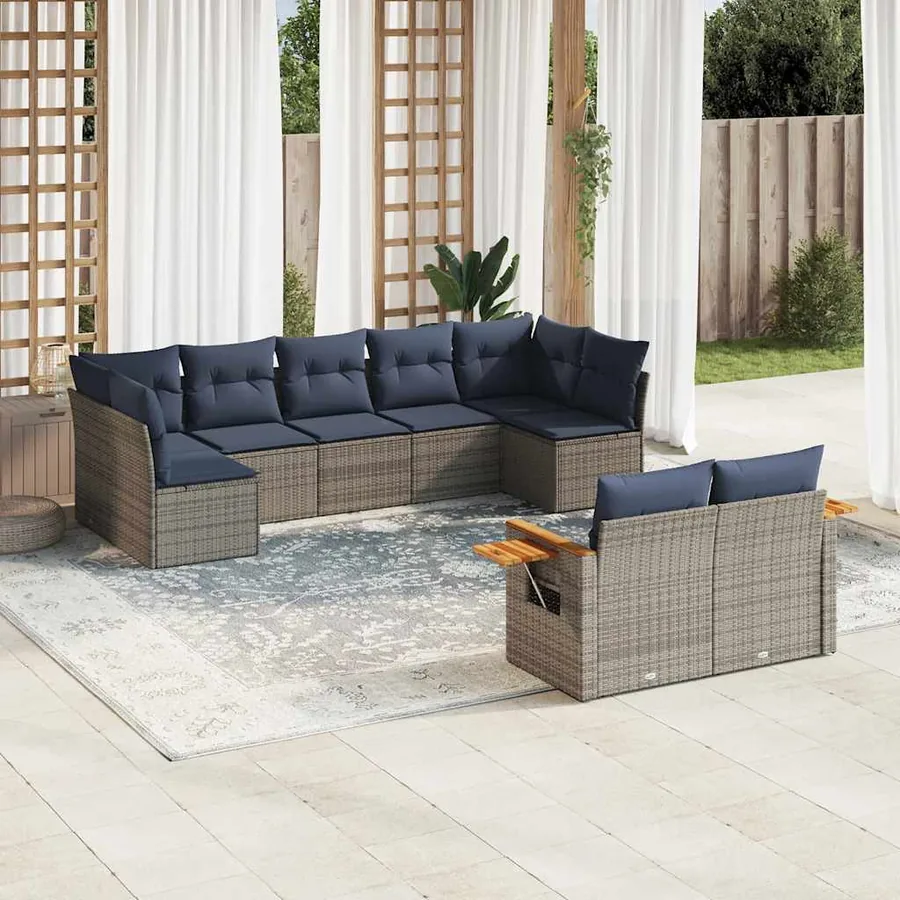 Salon de jardin 9 pcs avec coussins gris résine tressée