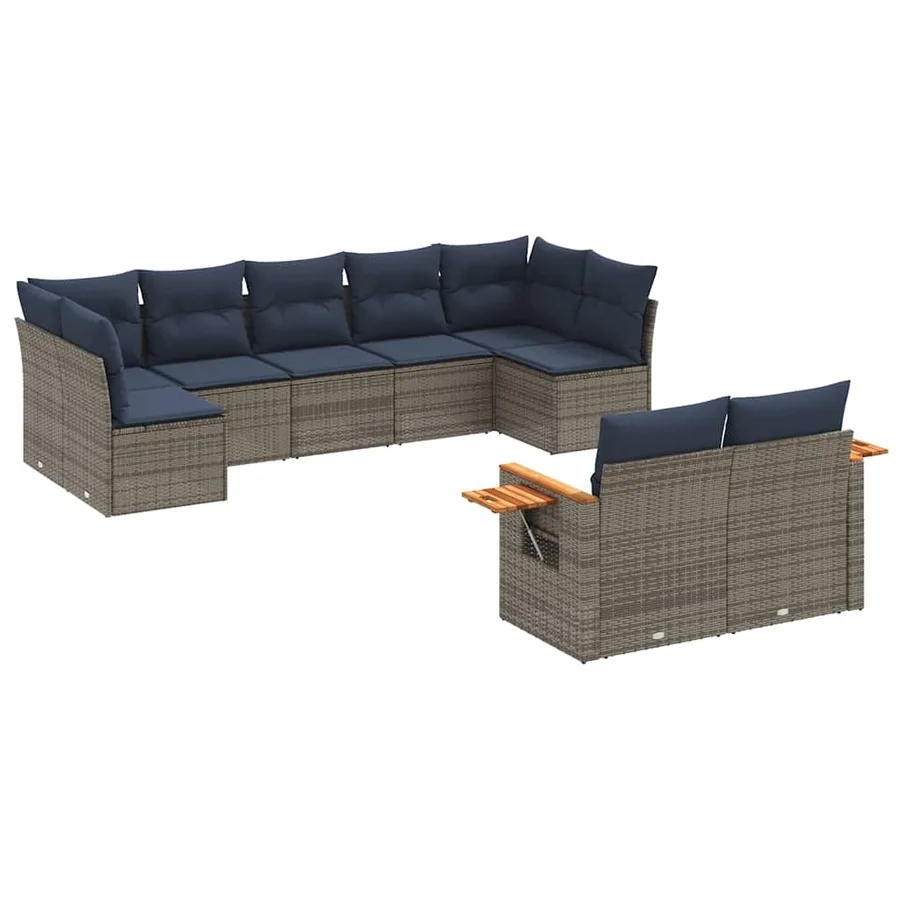 Salon de jardin 9 pcs avec coussins gris résine tressée - 2