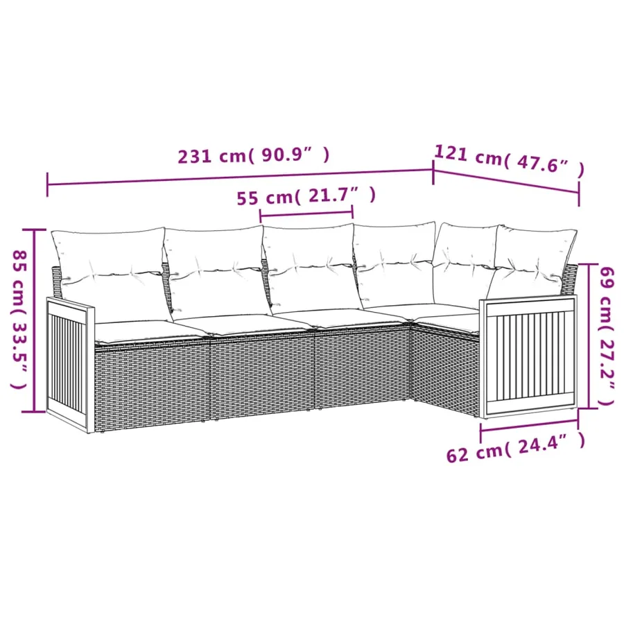 Ensemble de canapé de jardin 5 pcs avec coussins gris résine tressée - 7