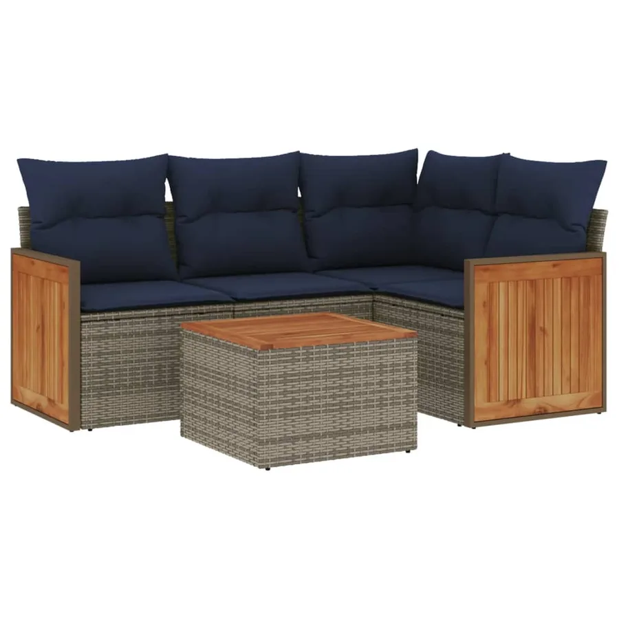 Ensemble de canapé de jardin 5 pcs avec coussins gris résine tressée - 2
