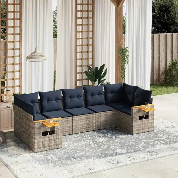 Salon de jardin 7 pcs avec coussins gris résine tressée