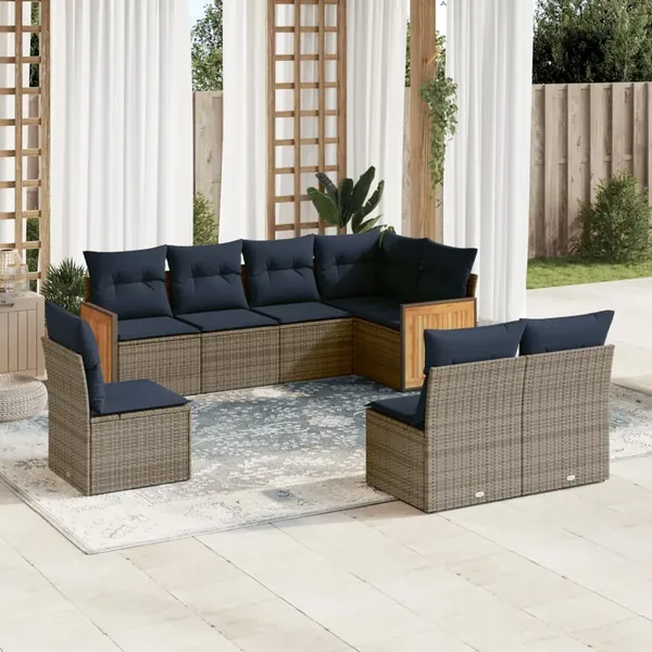 Ensemble de canapé de jardin 8 pcs avec coussins gris résine tressée