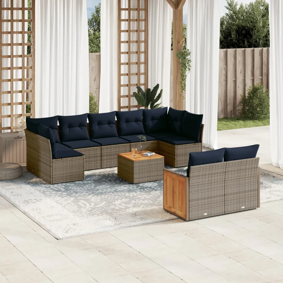 Ensemble de canapé de jardin 10 pcs avec coussins gris résine tressée