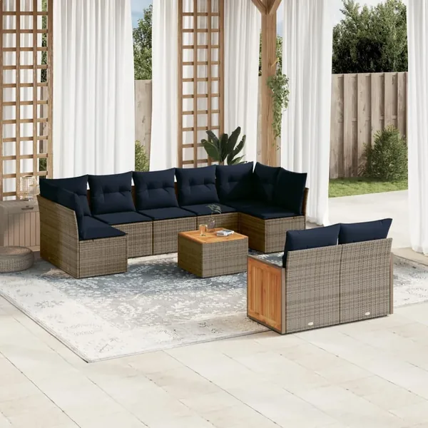 Ensemble de canapé de jardin 10 pcs avec coussins gris résine tressée