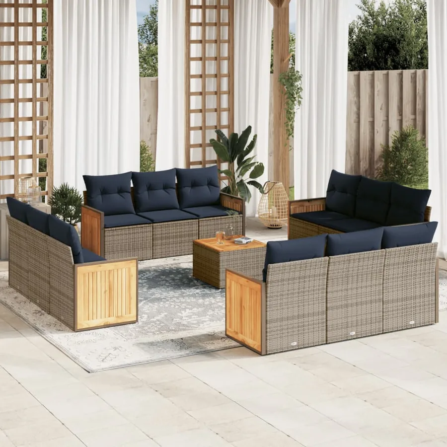 Ensemble de canapé de jardin 13 pcs avec coussins gris résine tressée