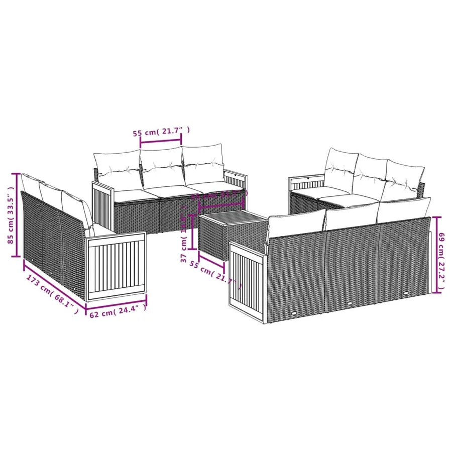 Ensemble de canapé de jardin 13 pcs avec coussins gris résine tressée - 7