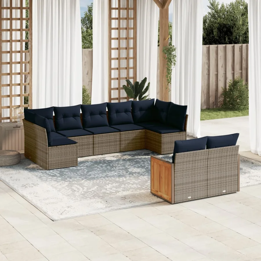 Ensemble de canapé de jardin 9 pcs avec coussins gris résine tressée