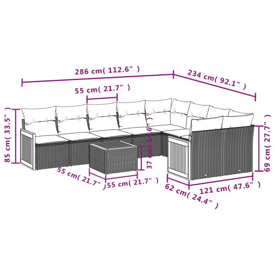 Ensemble de canapé de jardin 10 pcs avec coussins gris résine tressée - 8