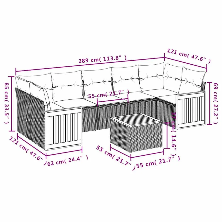 Ensemble de canapé de jardin 8 pcs avec coussins gris résine tressée - 8