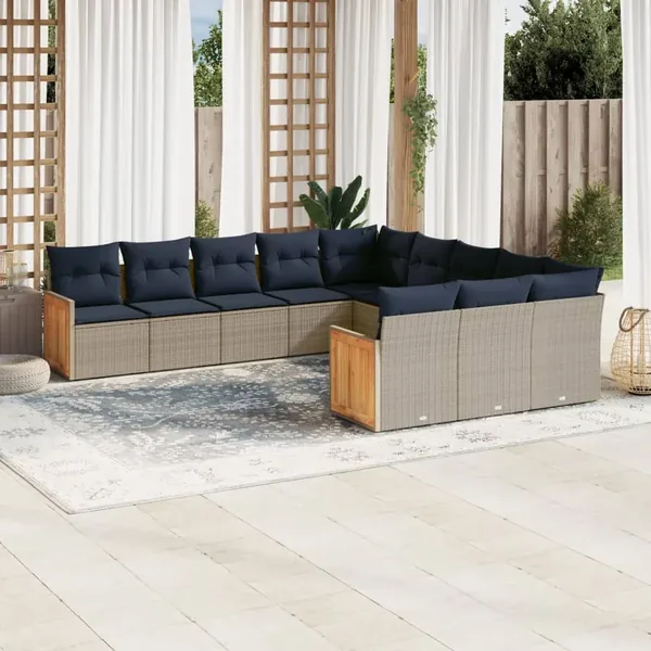 Ensemble de canapé de jardin 11 pcs avec coussins gris résine tressée
