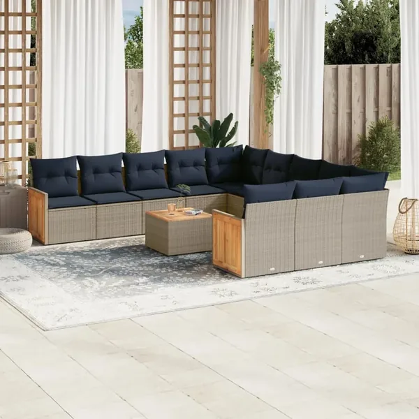 Ensemble de canapé de jardin 12 pcs avec coussins gris résine tressée