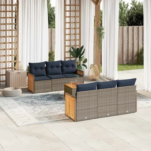 Ensemble de canapé de jardin 7 pcs avec coussins gris résine tressée