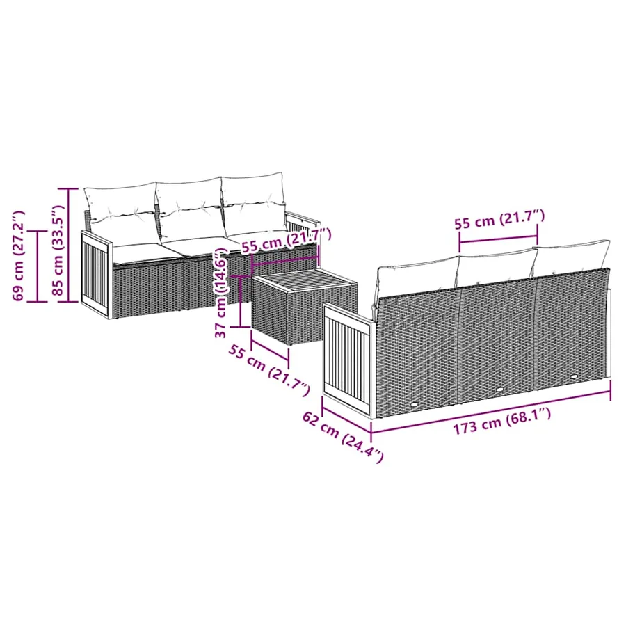 Ensemble de canapé de jardin 7 pcs avec coussins gris résine tressée - 7