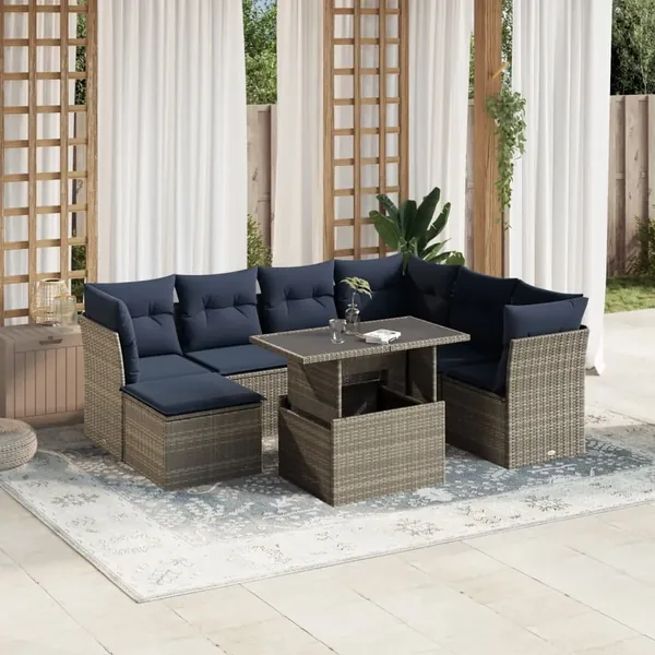 Ensemble de canapé de jardin 8 pcs avec coussins gris résine tressée