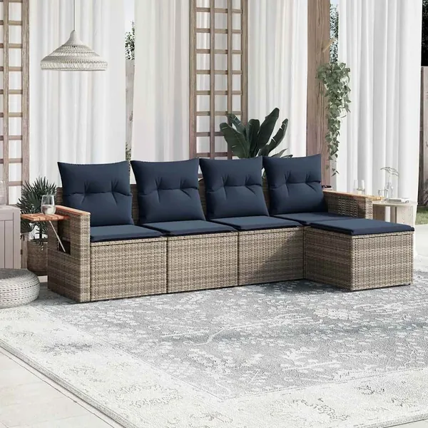 Salon de jardin 5 pcs avec coussins gris résine tressée