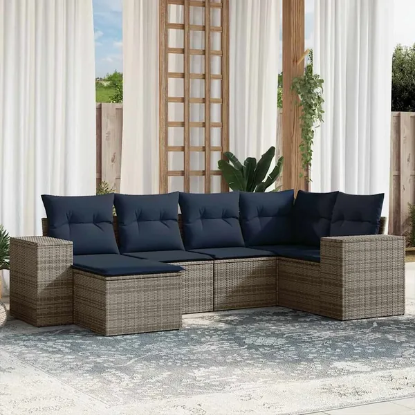 Ensemble de canapé de jardin 6 pcs avec coussins gris résine tressée