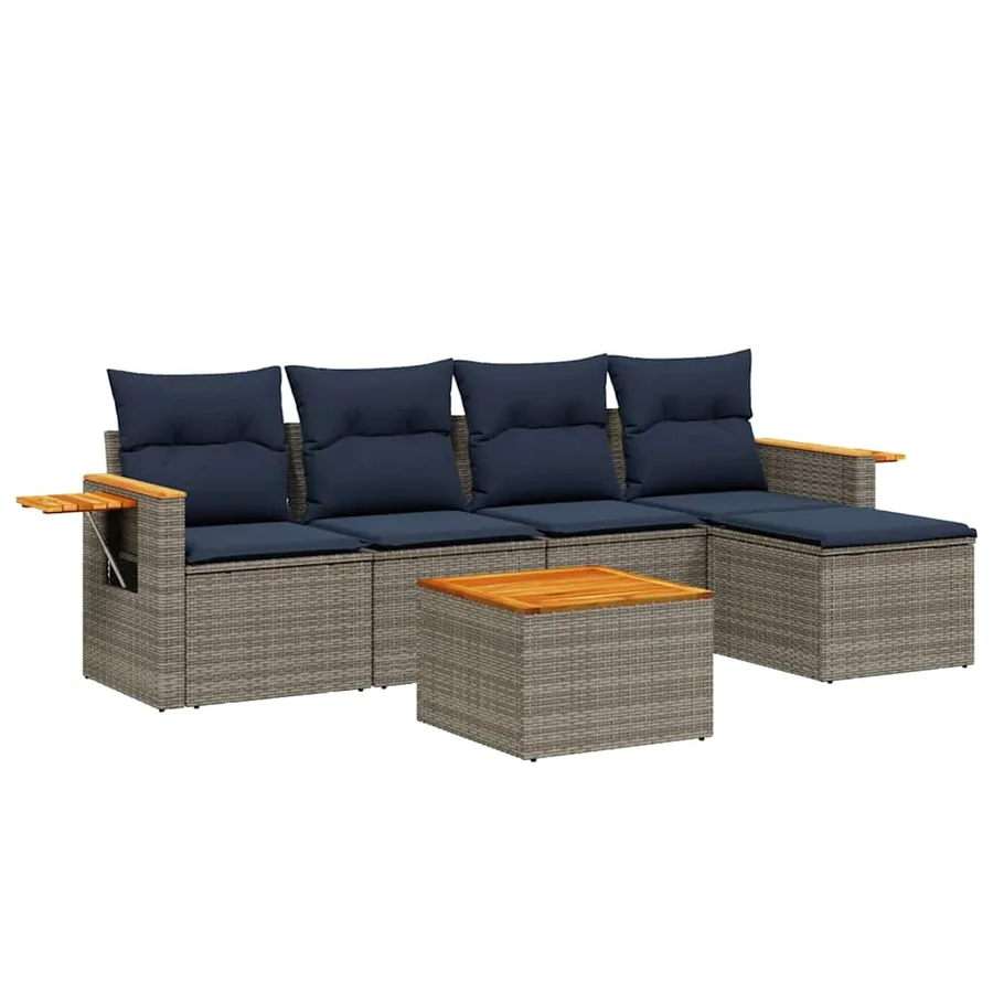 Salon de jardin 6 pcs avec coussins gris résine tressée - 2