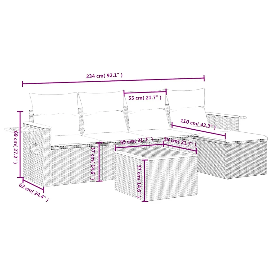 Salon de jardin 6 pcs avec coussins gris résine tressée - 9