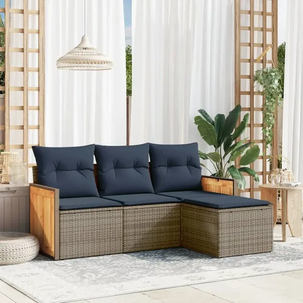 Ensemble de canapé de jardin 4 pcs avec coussins gris résine tressée