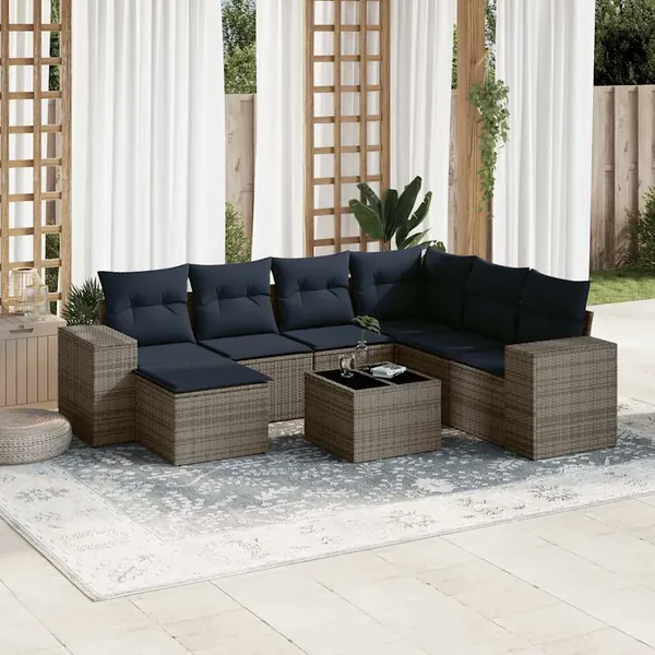 Ensemble de canapé de jardin 8 pcs avec coussins gris résine tressée