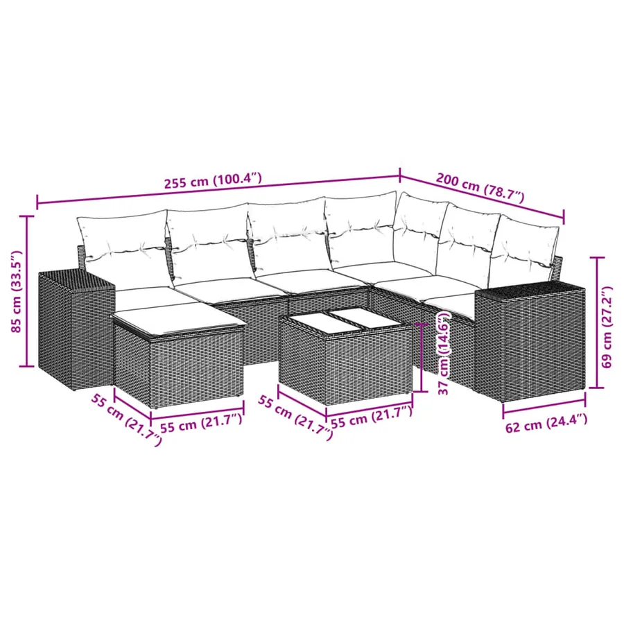 Ensemble de canapé de jardin 8 pcs avec coussins gris résine tressée - 9