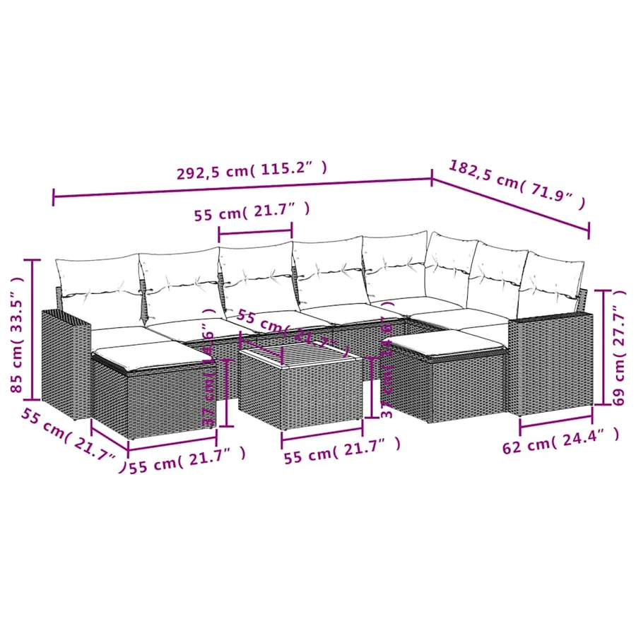 Ensemble de canapé de jardin 10 pcs avec coussins gris résine tressée - 14