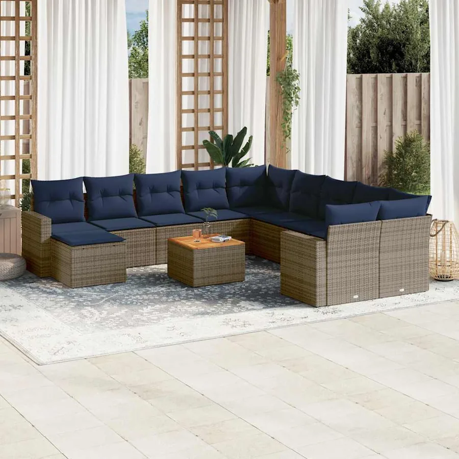 Ensemble de canapé de jardin 14 pcs avec coussins gris résine tressée