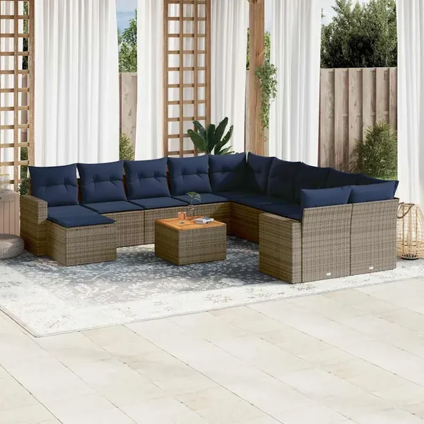 Ensemble de canapé de jardin 14 pcs avec coussins gris résine tressée