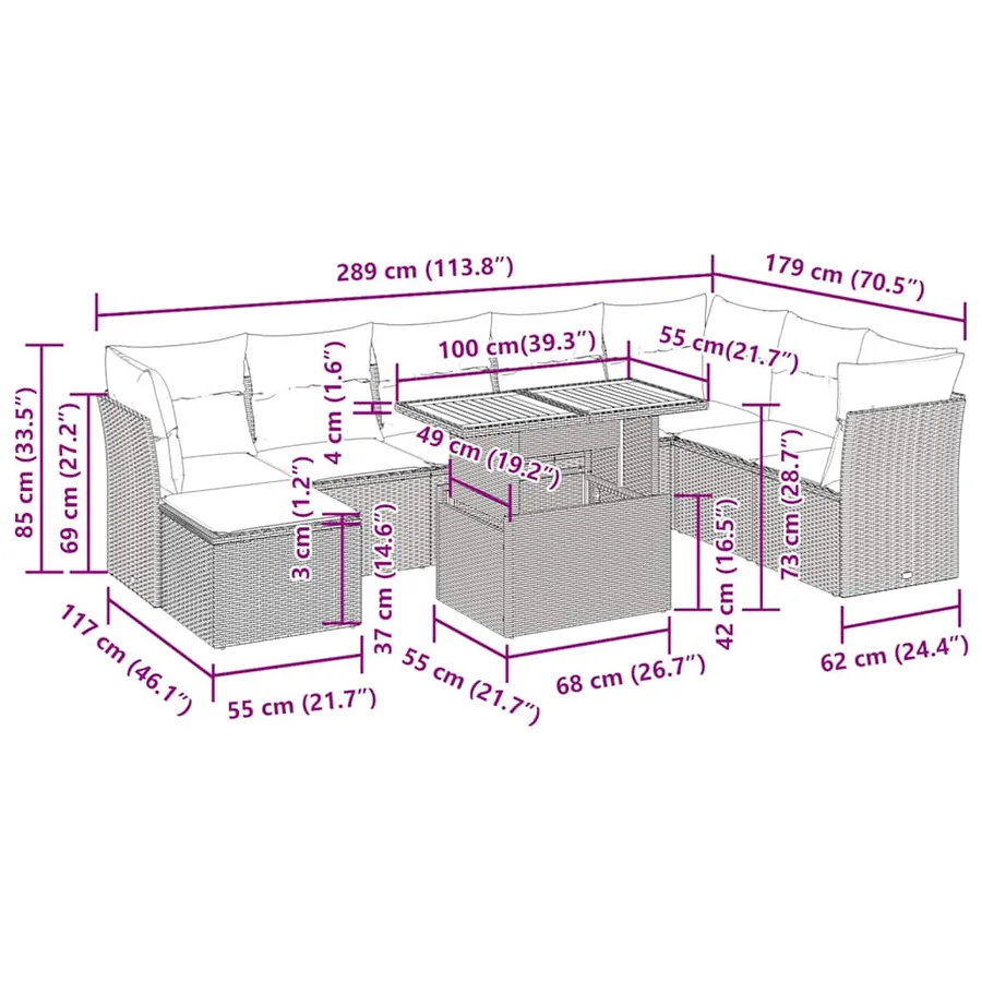 Salon de jardin 6 pcs avec coussins gris résine tressée - 13