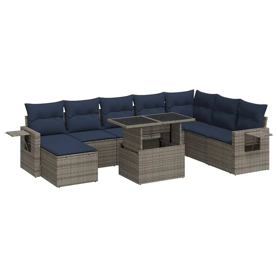 Salon de jardin avec coussins 9 pcs gris résine tressée acacia - 2